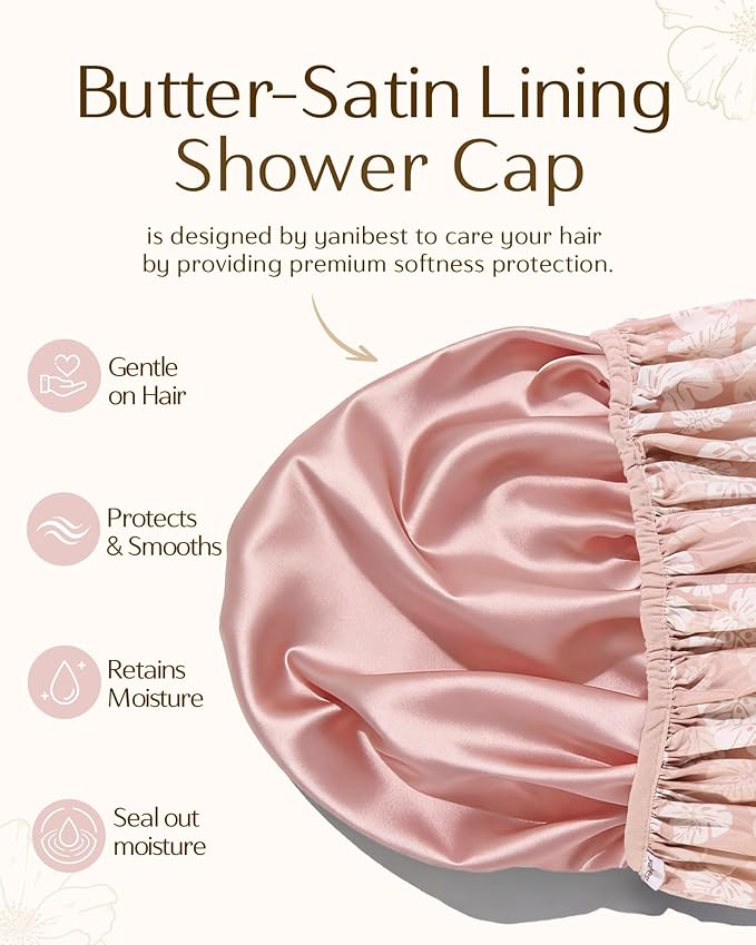 Yanibest Shower Cap for Women - Hair Satin Bonnet Shower Cap for Women Waterproof Extra Large Double Layer Reusable Adjustable for Braids Long Hair