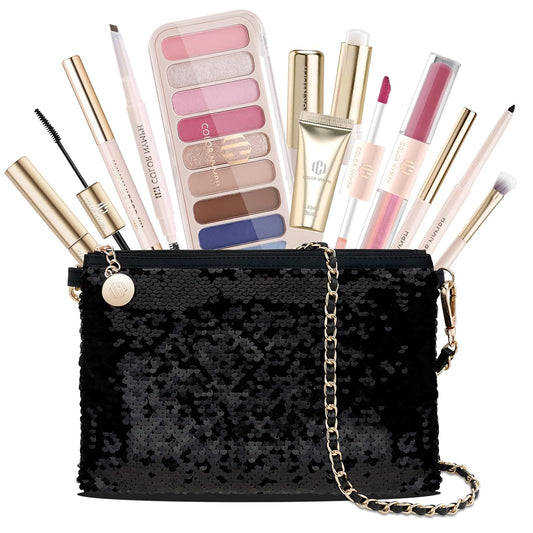 Color Nymph Teen Girls Makeup Kits, Makeup Set For Girls With Sequin Bag All In One Makeup Kit For Women Packed Individually 9 Colors Eyeshadow Palette Liquid Blush Lip gloss Mascara -Pink Blue