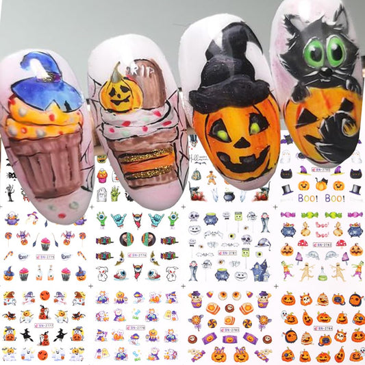 Halloween Nail Art Stickers - Spooky Ghost Pumpkin Water Transfer Foils Decals - Cartoon Witch Bat Spider Skeleton Designer Accessories for Nail Art - 12 Sheets