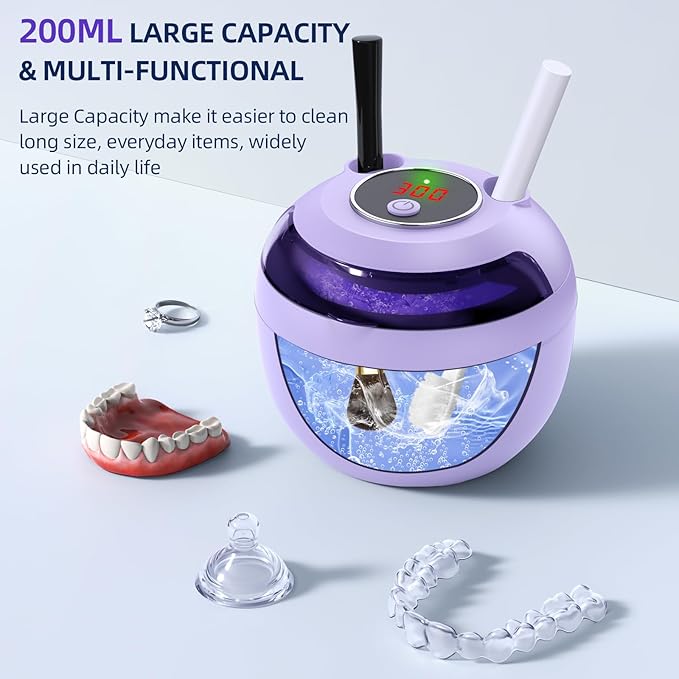 Ultrasonic Retainer Cleaner Machine, 45kHz Ultrasonic Denture Cleaner with 200ML Capacity & 4 Modes for Dental Cleaning Pod, Aligners, Mouthguards, Retainers, Jewelry, Purple