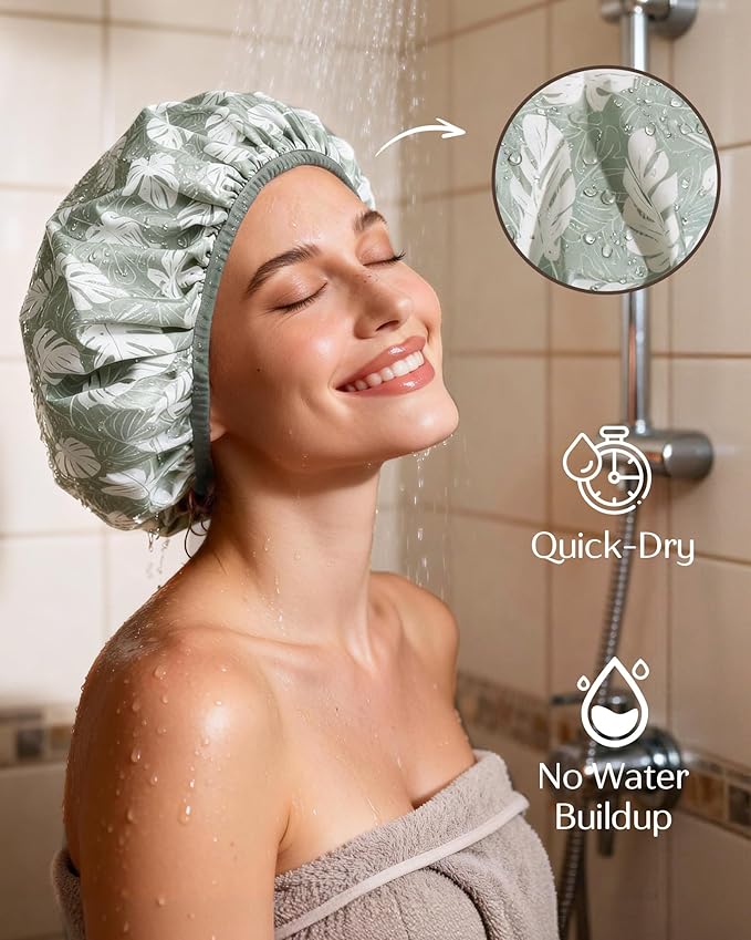 Yanibest Shower Cap for Women - Hair Satin Bonnet Shower Cap Waterproof Large Double Layer Reusable with Soft Elastic Band for Braids Long Hair