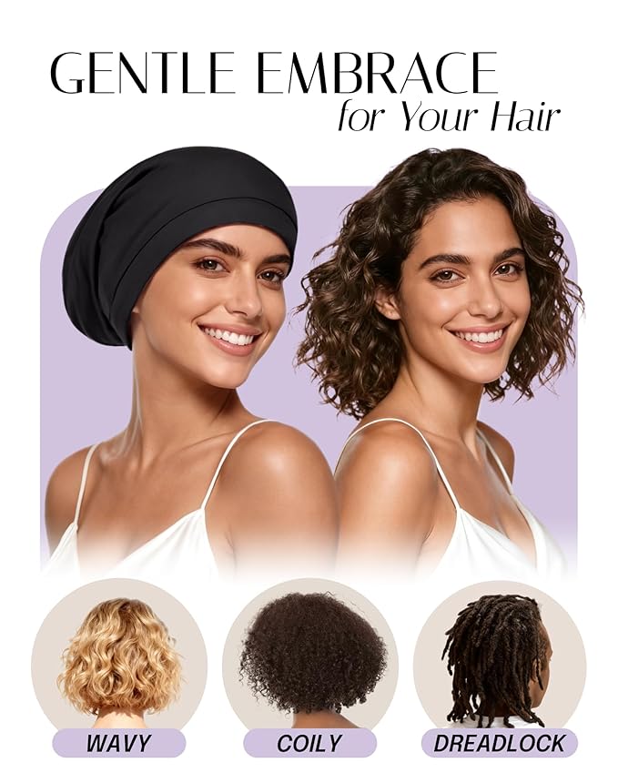 OLESILK Silk-Bonnet for Curly Hair, Silk Hair Bonnet for Sleeping, Unisex, Medium, Black