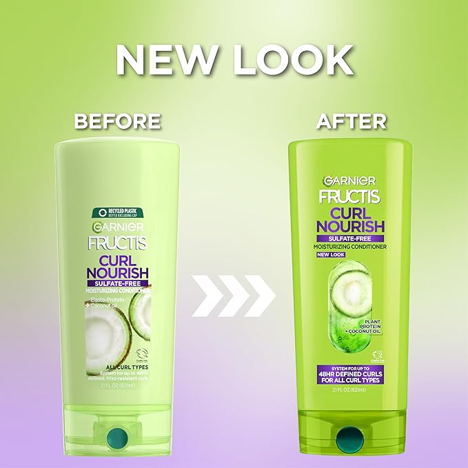 Garnier Fructis Curl Nourish Conditioner, Curly Hair Conditioner with Coconut Oil and Plant Protein, Up to 48HR Defined Curls for all Curl Types, 21 Fl Oz (Packaging May Vary)