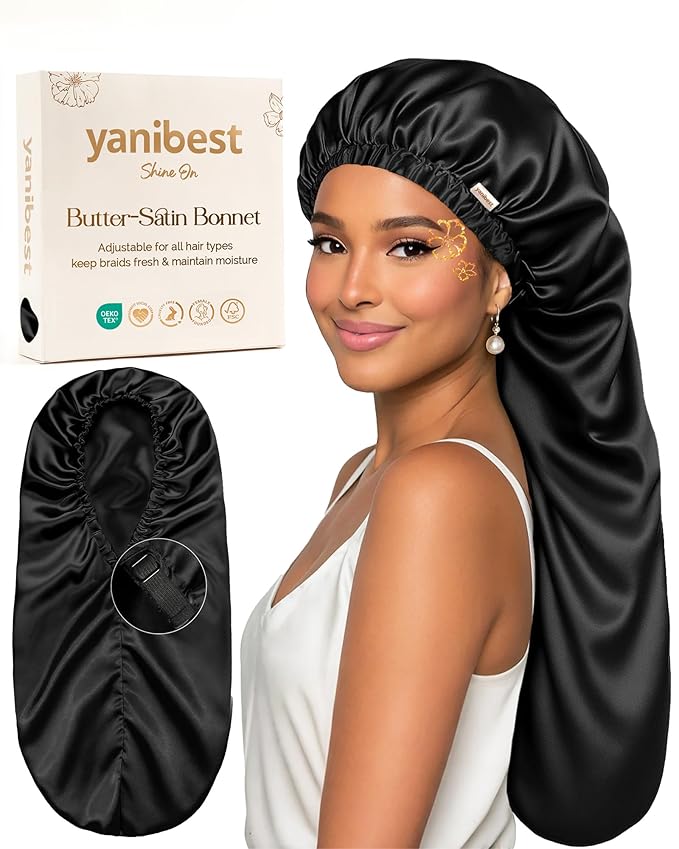 YANIBEST Satin Sleep Bonnet for Natural Hair - Extra Double Layer Long Adjustable Silk Hair Bonnet for Braids, Locs, Curls - Women’s Night Hair Protection Cap