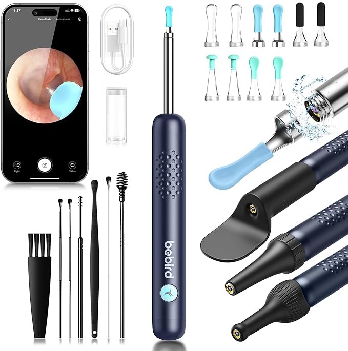 BEBIRD R1 Wax Removal Tool for Ear - Spade Ear Canal Cleaner with Camera 1080P Earscope, Wax Remove Ear Picker with Vari Replacement Tips, Camera with 6LED Light for Ear/Nose/Throat Examination, Blue