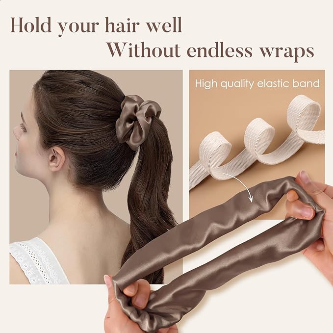 LULUSILK Silk Scrunchies for Hair Sleep, 100% Real Mulberry Silk, No Damage Hair Ties for Women and Girls, Black White and Light Brown, Pack of 3