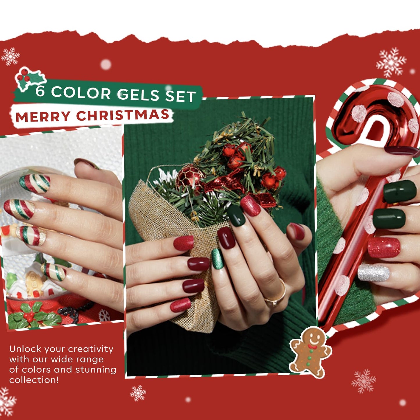 Modelones Christmas Colors Acrylic Powder Kit - 6 Colors Golden Glitter Yellow Green Dark Red Sliver Christmas Eve Cover Powder for Nail Art Extension - No Lamp Needed (C7-Lucky Clover)