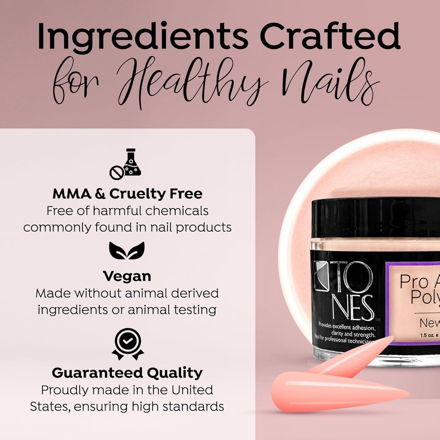 Tones Pro Acrylic Nail Powder, New Pink (Fresh Peach-Toned Pink), (1.5 Fl Oz) - Long-Lasting & Non-Yellowing Polymer for Salon Quality Nail Extensions & 3D Art