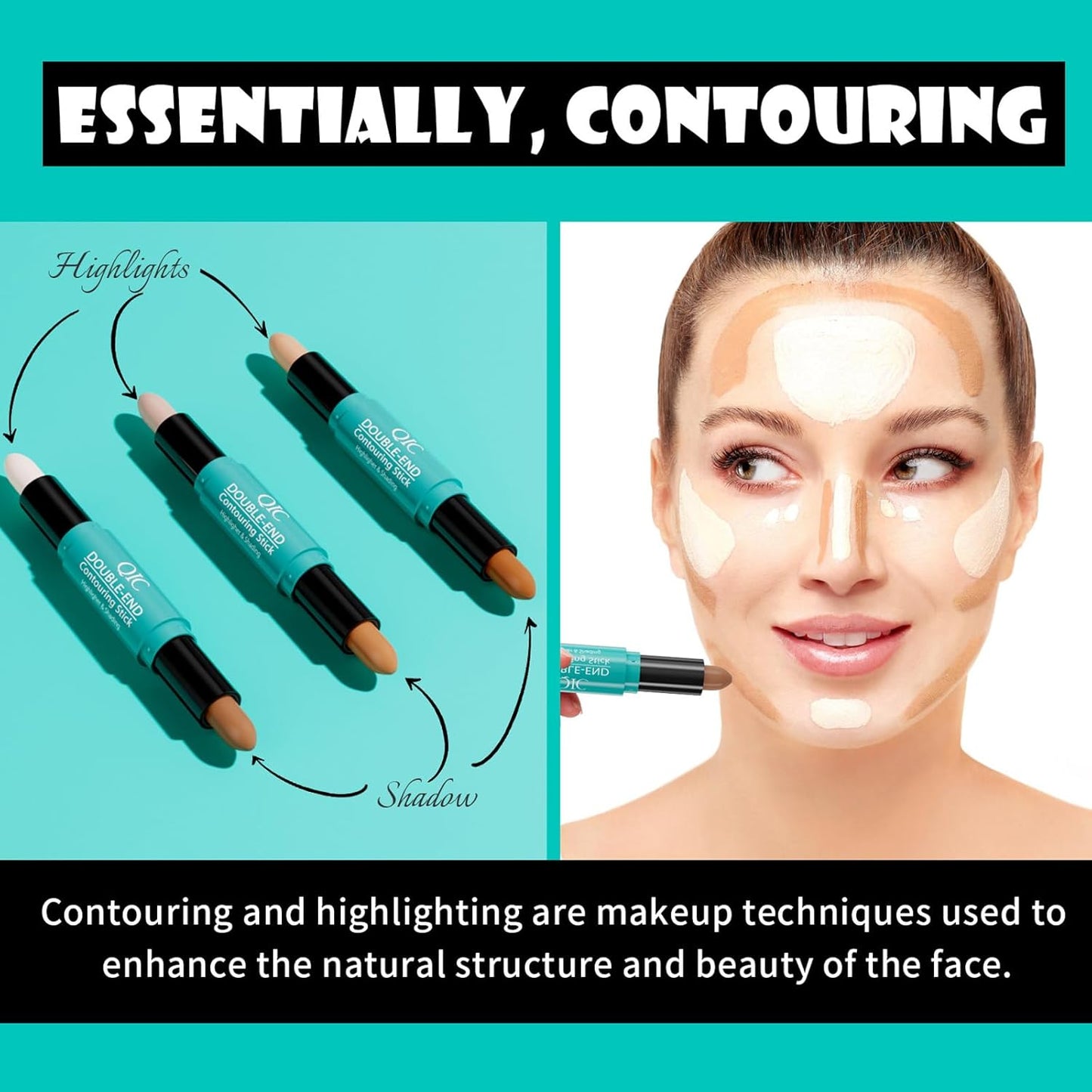 MEICOLY 2-in-1 Highlighter Contour Stick,Cool Toned Contour Stick,Makeup Highlighter Stick,Long Lasting Waterproof Bronzer Contour Pencil,Travel Cream Face Shaping Stick,03