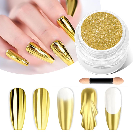Gold Chrome Nail Powder BISHENGYF: 1g Metallic Mirror Effect Chrome Powder for Nails Manicure Decoration Reflective Pigment Gold Nail Powder for Nail Art Gel Polish Home DIY,Gifts