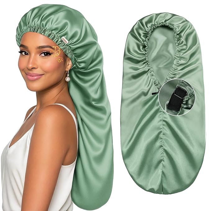 YANIBEST Satin Sleep Bonnet for Natural Hair - Extra Double Layer Long Adjustable Silk Hair Bonnet for Braids, Locs, Curls - Women’s Night Hair Protection Cap