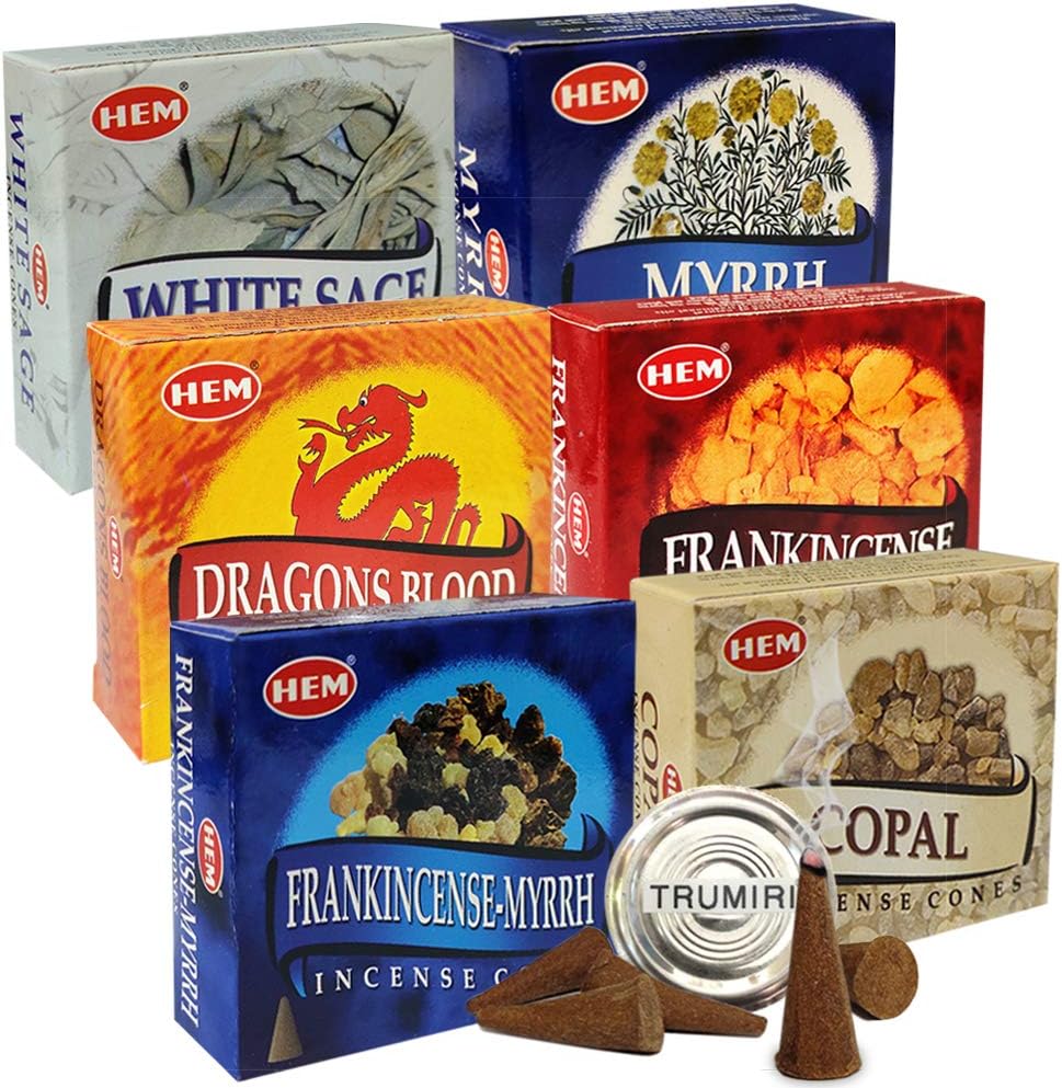 Hem Incense Cones Variety Pack #4 and Inscents-Cones Burner Holder with 6 Most Popular Fragrances - Dragons Blood, Frankincense, Myrrh - Total 60 Scented Cone Incense (6 Scents x 10 Conos)