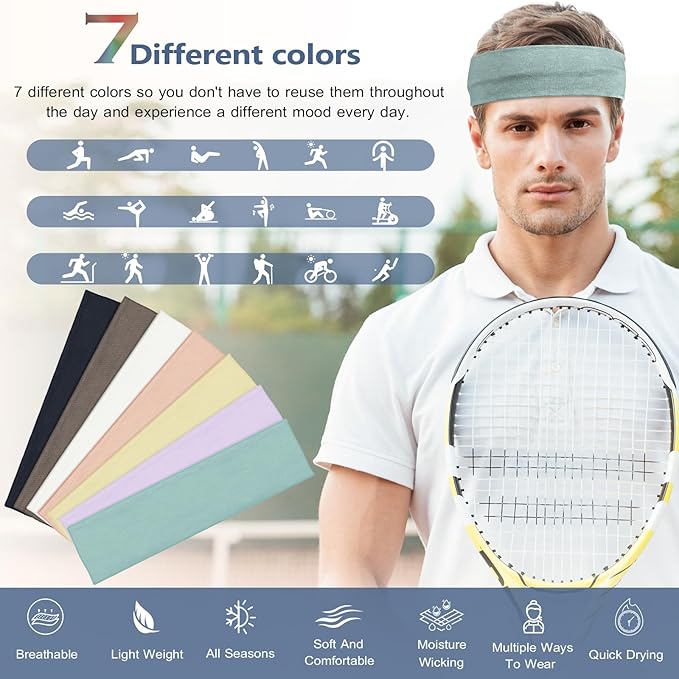 Headbands for Women, Stretchy Non Slip Soft Cotton Cloth Hair Bands for Sports, Workout, Yoga and Running, 7pcs