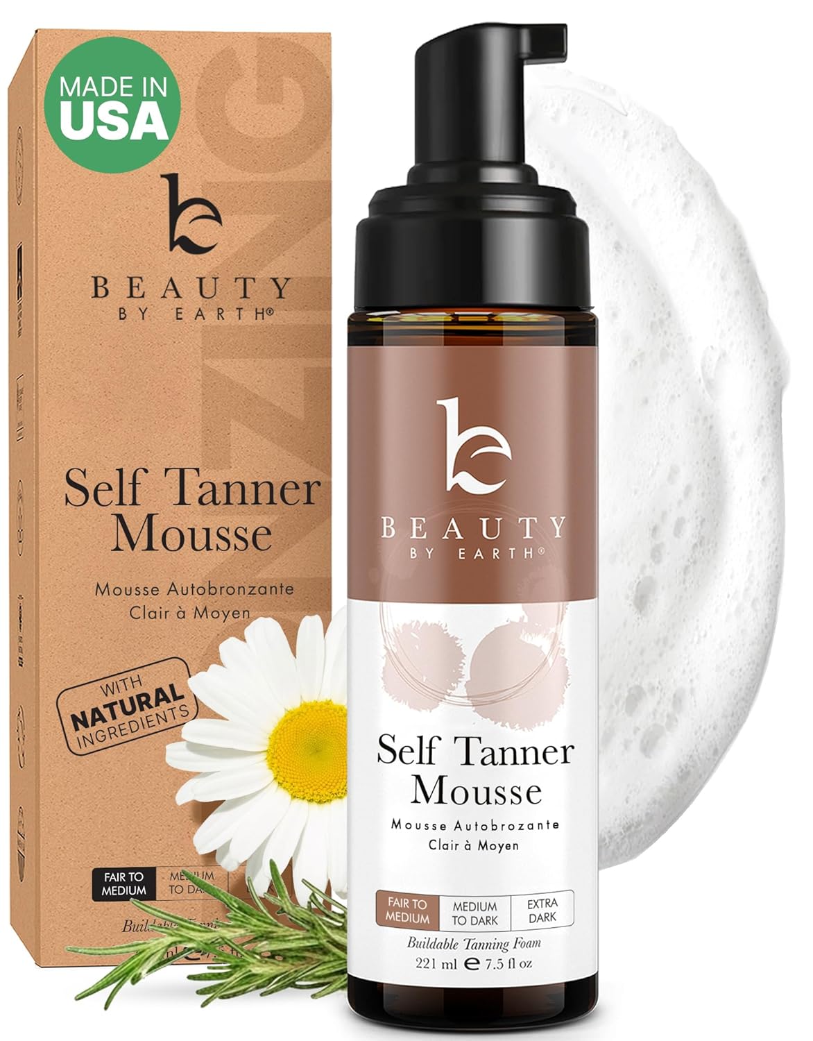 Self Tanner Mousse - USA Made with Natural & Organic Ingredients, Self Tanning Mousse for Fake Tan, Sunless Tanner for Pale Skin, Clear & Non Toxic Tanning Foam for Streak Free Finish, No Orange Color