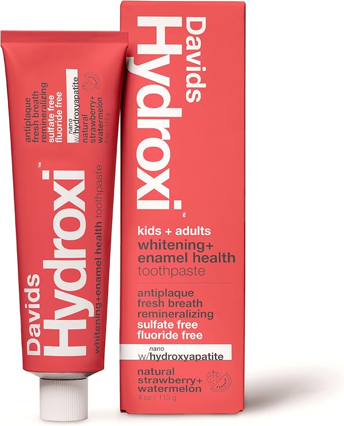 Davids Hydroxi Strawberry Watermelon Fluoride Free Nano Hydroxyapatite Toothpaste for Enamel Health & Whitening, Antiplaque, SLS Free, Kid Friendly Flavor, 4 oz, Made in USA