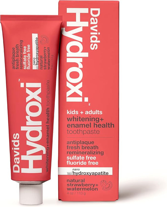 Davids Hydroxi Strawberry Watermelon Fluoride Free Nano Hydroxyapatite Toothpaste for Enamel Health & Whitening, Antiplaque, SLS Free, Kid Friendly Flavor, 4 oz, Made in USA