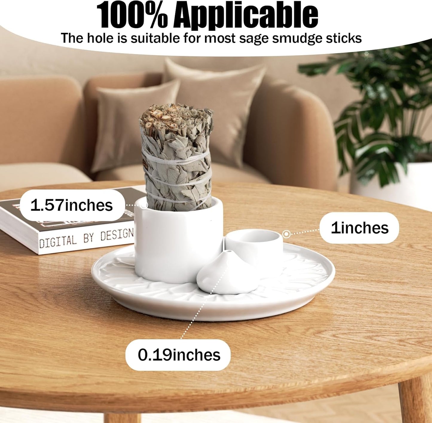 Palo Santo Holder - 4 in 1 Incense & Candle Holder - Ceramic Incense Holder Ash Catcher Tray for Meditation Room - Easy to Clean (White)