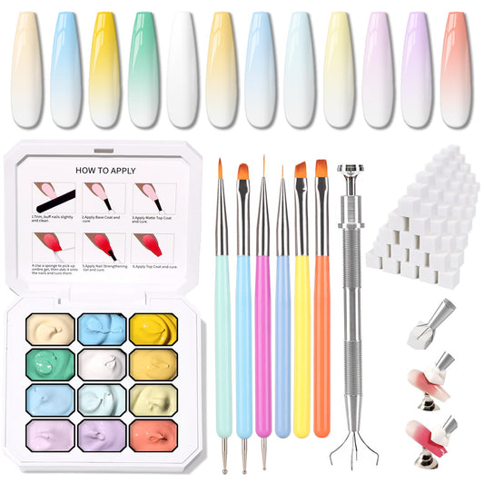 Sponge Pat Paint Nail Gel, Ombre Nails Gradient Gel Nail Blush Blooming Aura Nails Drawing Stripper Floral Painting DIY Nail Art, No Wipe, UV/LED Curing (12 Colors H)