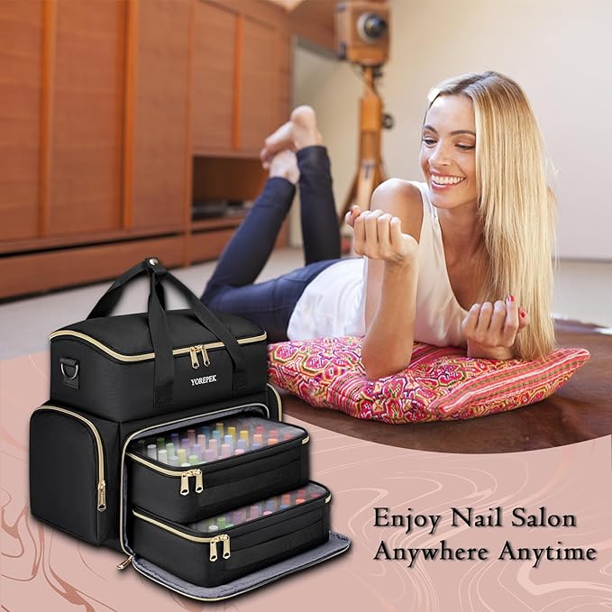 YOREPEK Extra Large Nail Polish Organizer Case Holds 70 to 100+ Bottles (15ml/0.5 fl.oz) UV lamp, Gel Polish Travel Case Bag with 2 Removable Pouches Fits Nail Suppiles, Gifts for Manicurist, Girls