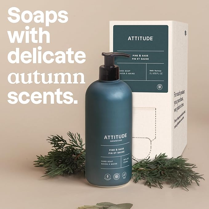 ATTITUDE Liquid Hand Soap Refill, EWG Verified, Plant and Mineral-Based, Vegan Personal Care Products, Pine & Sage Scent, 67.6 Fl Oz