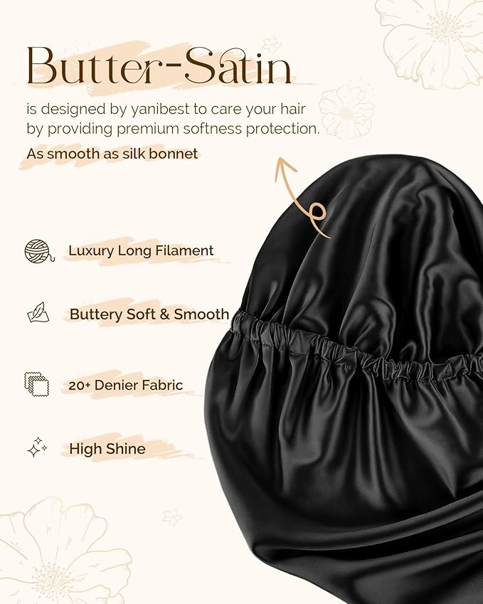 YANIBEST Satin Sleep Bonnet for Natural Hair - Extra Double Layer Long Adjustable Silk Hair Bonnet for Braids, Locs, Curls - Women’s Night Hair Protection Cap