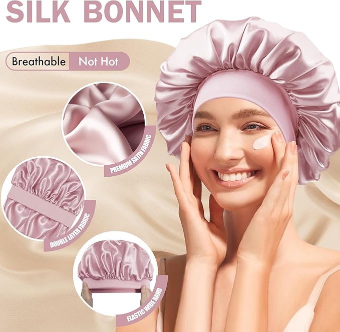 Satin Silk Bonnet for Sleeping, Double Layer Silk Sleep Cap for Men & Women, Soft Satin Lined Bonnet for Curly Hair