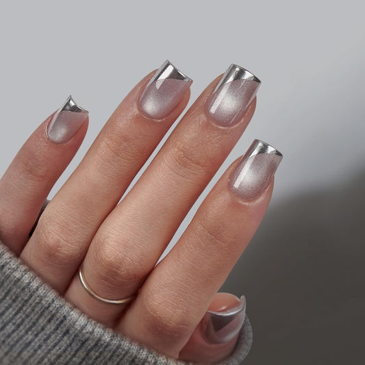BTArtbox French Tip Press On Nails - Metallic Cat Eye Short Square Press On Nails with Glue for Women, Opaque Soft Gel Glue On Nails in 16 Sizes - 32 Stick On Nails Kit, Gleaming