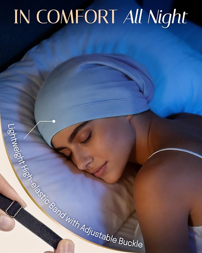 OLESILK Silk Bonnet for Curly and Frizzy Hair, Sleep Cap for Sleeping, Unisex Hair Wrap, Medium, Light Blue
