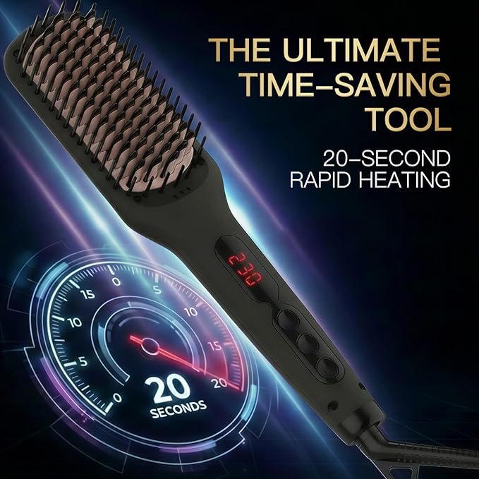 MEGAWISE Pro Ceramic Ionic Hair Straightener Brush for Home Salon, Straightening Hair Brush with 20s Heating Tech, Auto-Off, Anti-Scald with Universal Dual Voltage,Rotatable Power Cord, Black