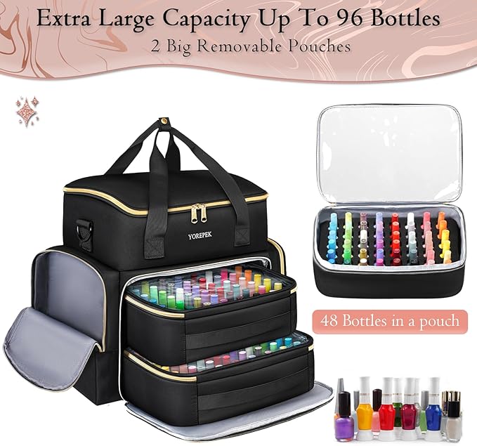 YOREPEK Extra Large Nail Polish Organizer Case Holds 96 to 100+ Bottles (15ml/0.5 fl.oz) UV lamp, Gel Polish Travel Case Bag with 2 Removable Pouches Fits Nail Suppiles, Manicurist Nail Tech Gifts