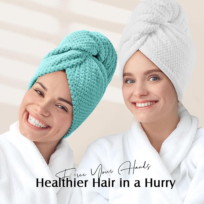 YFONG 2 Pack Microfiber Hair Towel Wrap for Women, Super Absorbent Quick Dry Hair Turban for All Hair Style Anti Frizz, Large Hair Drying Towel with Button