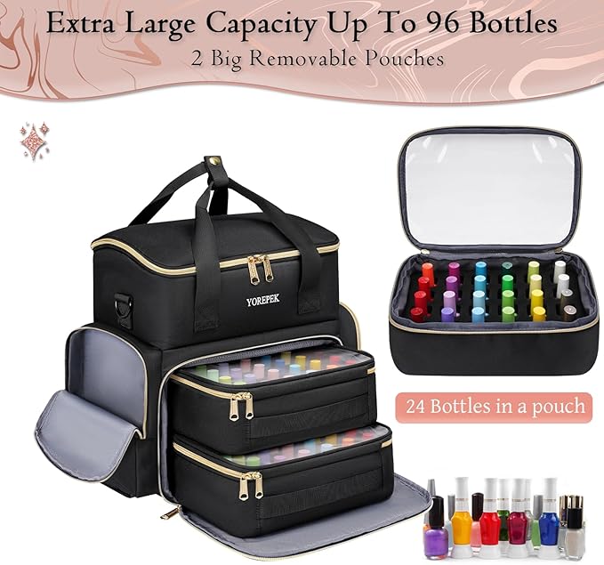 YOREPEK Extra Large Nail Polish Organizer Case Holds 48 to 100+ Bottles (15ml/0.5 fl.oz) UV lamp, Gel Polish Travel Case Bag with 2 Removable Pouches Fits Nail Suppiles, Gifts for Manicurist, Girls