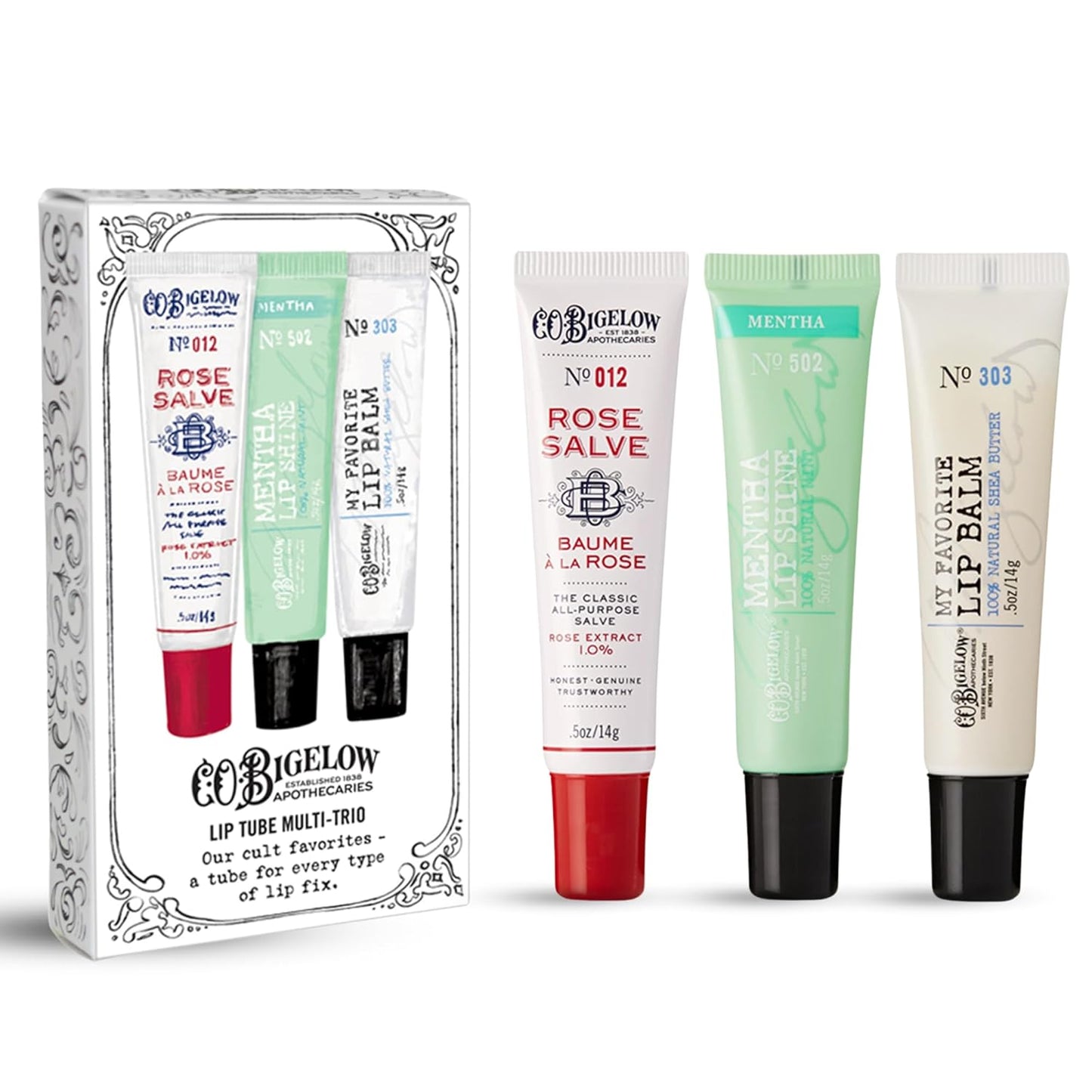 C.O. Bigelow Assorted Lip Balm Tubes Trio, Rose Salve, My Favorite Lip Balm, & Mentha Shine, Pack of 3 Lip Care Set, 0.5 oz