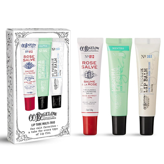 C.O. Bigelow Assorted Lip Balm Tubes Trio, Rose Salve, My Favorite Lip Balm, & Mentha Shine, Pack of 3 Lip Care Set, 0.5 oz