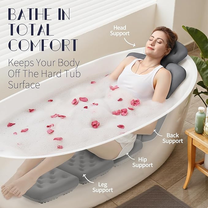 Full Body Bath Pillow for Bathtub, Thick Bathtub Cushion, Luxury Tub Pillow for Bath for Headrest Neck and Back Support Gray 60" x 16"
