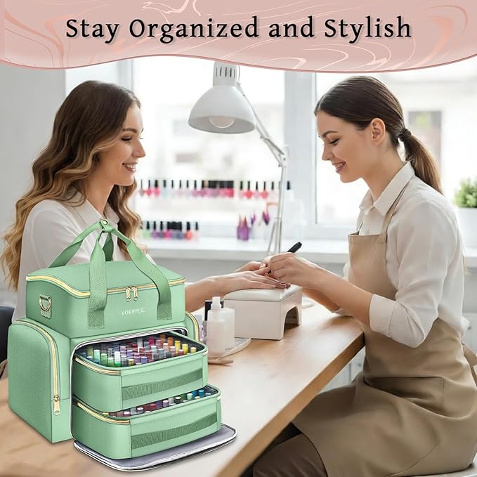 YOREPEK Extra Large Nail Polish Organizer Case Holds 96 to 100+ Bottles (15ml/0.5 fl.oz) UV lamp, Gel Polish Travel Case Bag with 2 Removable Pouches Fits Nail Suppiles, Gifts for Manicurist, Green