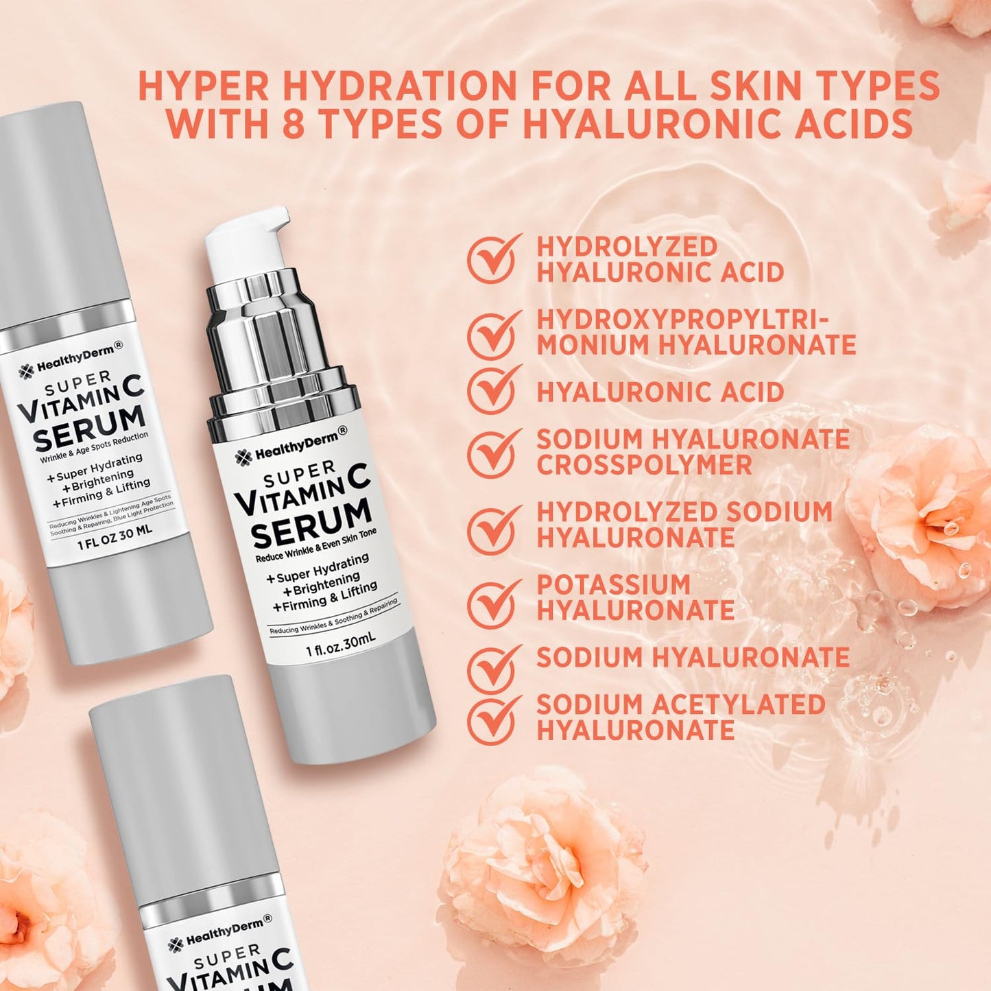 Super Vitamin C Serum for Women Over 70: Niacinamide, Vitamin C, Hyaluronic Acid, Peptides, Vitamin E, Caffeine, Bakuchiol, Hydrating, Lifting, Wrinkle & Age Spots Reduction Pack of 3