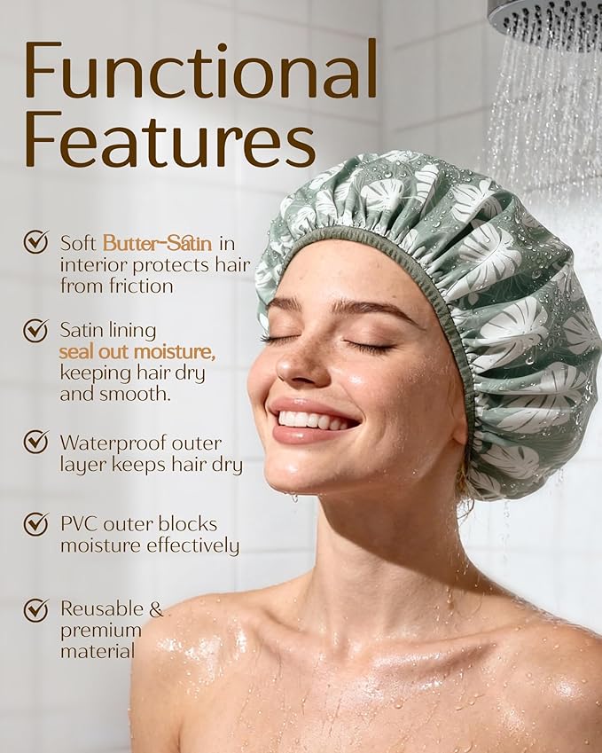 Yanibest Shower Cap for Women - Hair Satin Bonnet Shower Cap Waterproof Large Double Layer Reusable with Soft Elastic Band for Braids Long Hair