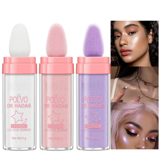 3 Pack Polvo De Hadas Fairy Dust Highlight Patting Powder - Full Body Contouring and Clavicle Pearlescent Patting Powder for Face and Eye, Halloween Sparkling Body Glitter Powder (3 Pack)