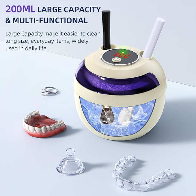 Ultrasonic Retainer Cleaner Machine, 45kHz Ultrasonic Denture Cleaner with 200ML Capacity & 4 Modes for Dental Cleaning Pod, Aligners, Mouthguards, Retainers, Jewelry, Yellow