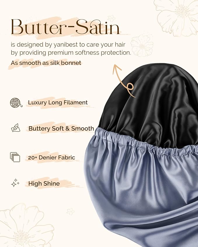 YANIBEST Satin Sleep Bonnet for Natural Hair - Extra Double Layer Long Adjustable Silk Hair Bonnet for Braids, Locs, Curls - Women’s Night Hair Protection Cap
