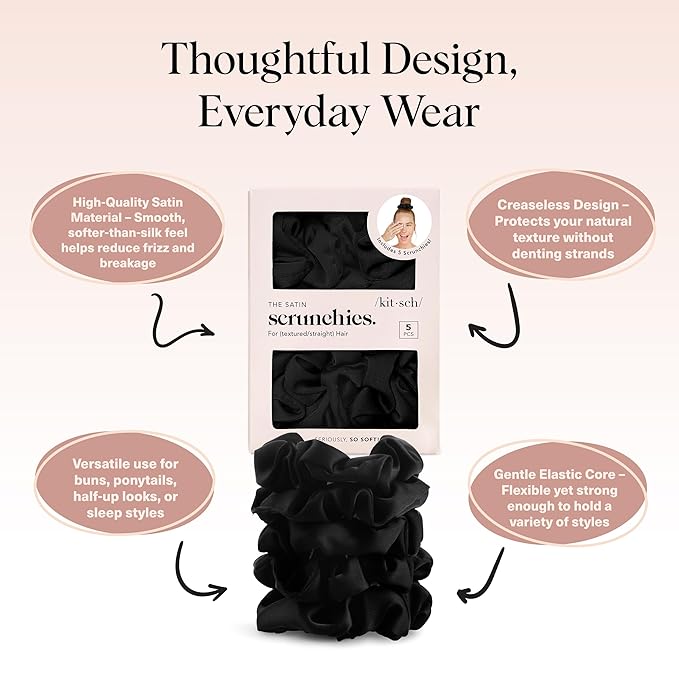 Kitsch Satin Scrunchies for Women - No Crease, Frizz Control | Softer Than Silk Scrunchies Gentle On Hair Scrunchies for All Hair Types | Stylish Hair Accessories College Essentials - Black, 5pcs