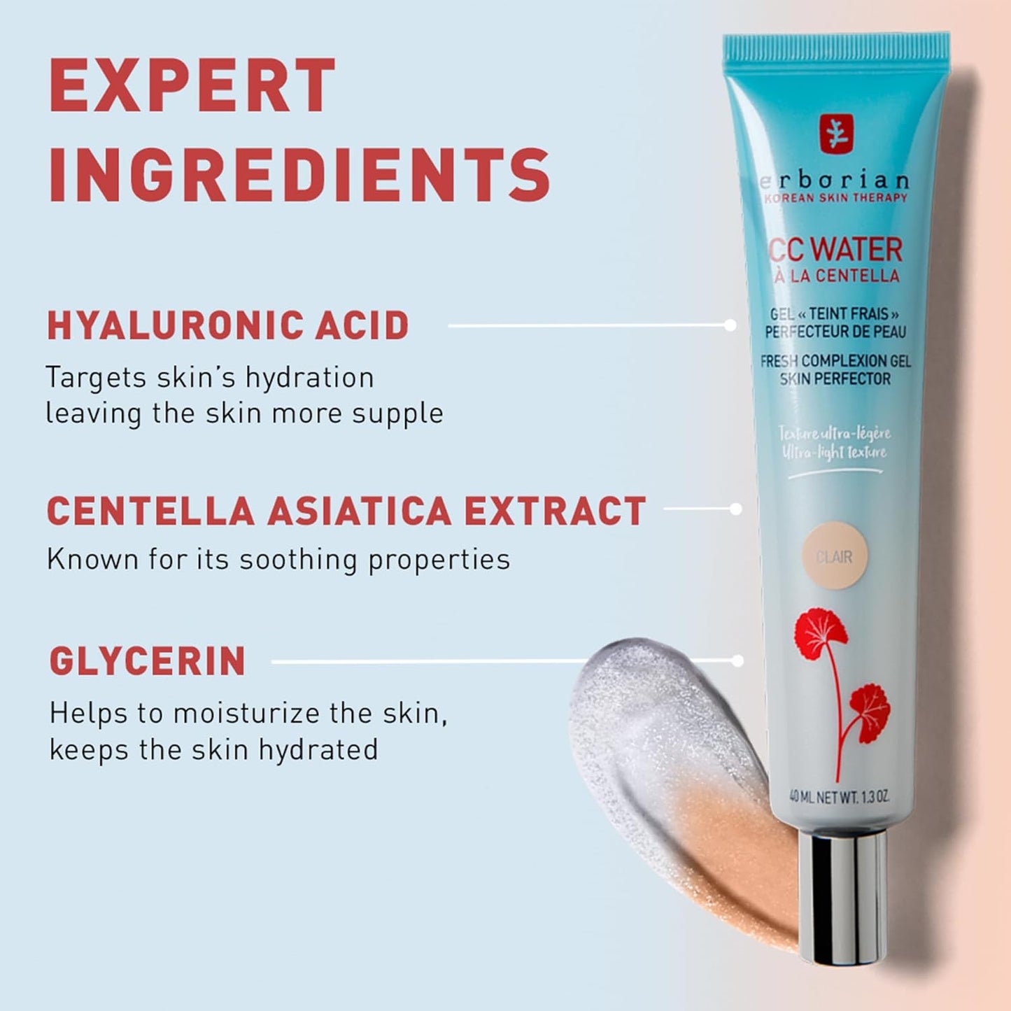 Erborian CC Water with Hyaluronic Acid, Doré - Ultra-Light Aqua Gel Color Corrector with Centella Asiatica & Hyaluronic Acid - Plump, Softer & Hydrated Skin - Korean Skincare Skin Perfector - 1.3 Oz