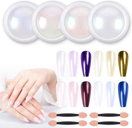 Artdone 4 Jars Chrome Nail Powder Metallic Mirror Effect Pigment Chrome Iridescent Aurora Nail Glitter Mermaid White Pearl Glitter Dust Kit for Gel Polish Nail Art Decoration, Resin Craft