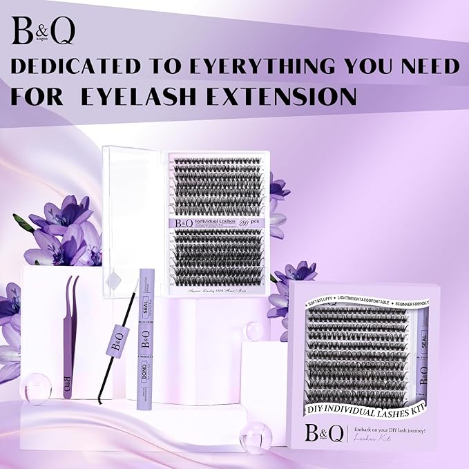 B&Q DIY Lash Extension Kit 280pcs Individual Lashes Cluster 40D C Curl Eyelash Extension Kit with Bond and Seal and Applicator Tool for Self Application (Set,40D-C-9-16MIX)