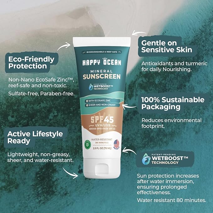 Reef Safe Sunscreen SPF 45 – Biodegradable Mineral Zinc Oxide Lotion, Water Resistant, Travel Size 2.5 oz, Face & Body