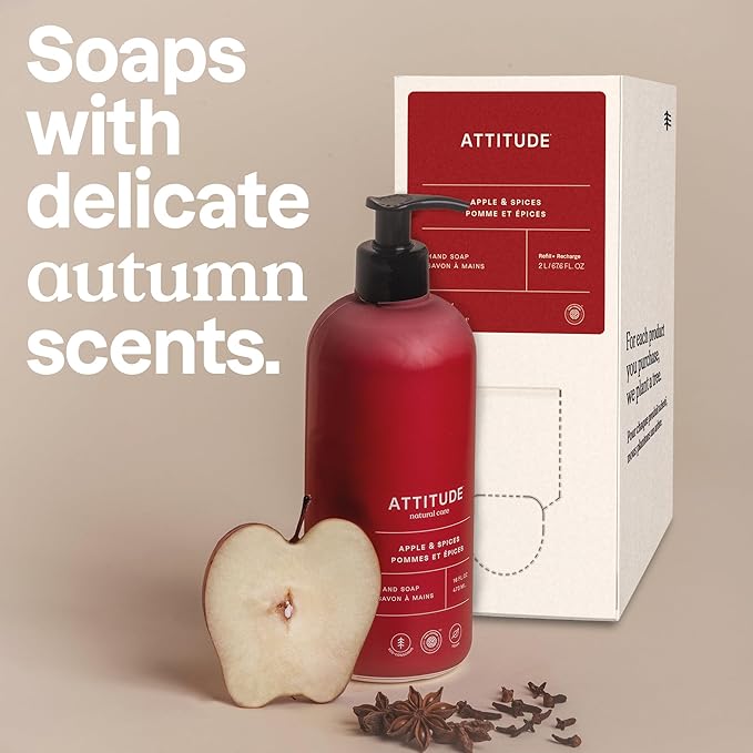ATTITUDE Liquid Hand Soap Refill, EWG Verified, Plant and Mineral-Based, Vegan Personal Care Products, Apple & Spices Scent, 67.6 Fl Oz
