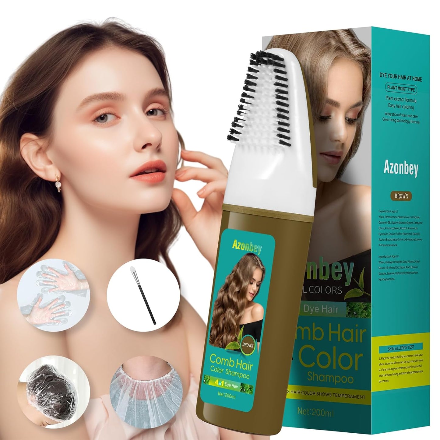Brown Hair Dye,Hair Dye Shampoo for Women,Hair Color for Gray Hair Coverage Permanent,Comb Dyeing Champu Para CanasHair Dye 4 in 1 With Comb Herbal Natural Plant Hair Color Shampoo(Brown)