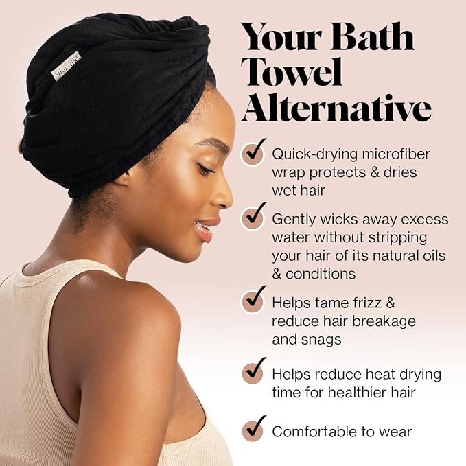 Kitsch Microfiber Hair Towel Wrap for Women – Ultra Absorbent Microfiber Bath Towels for Wet, Curly, Long or Short Hair – Anti-Frizz Hair Wrap, Great Hair Care Gifts for Women – Black