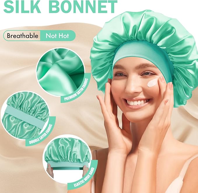 Satin Silk Bonnet for Sleeping, Double Layer Silk Sleep Cap for Men & Women, Soft Satin Lined Bonnet for Curly Hair